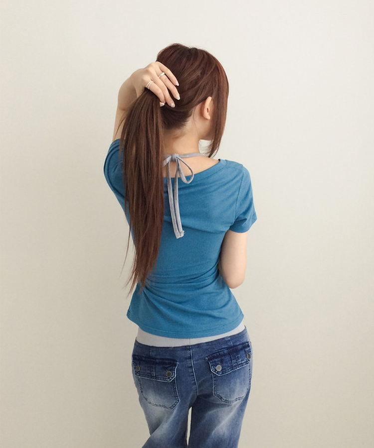 ホルターネックVネックレイヤードクロップ半袖Tシャツ AQUA BLUE