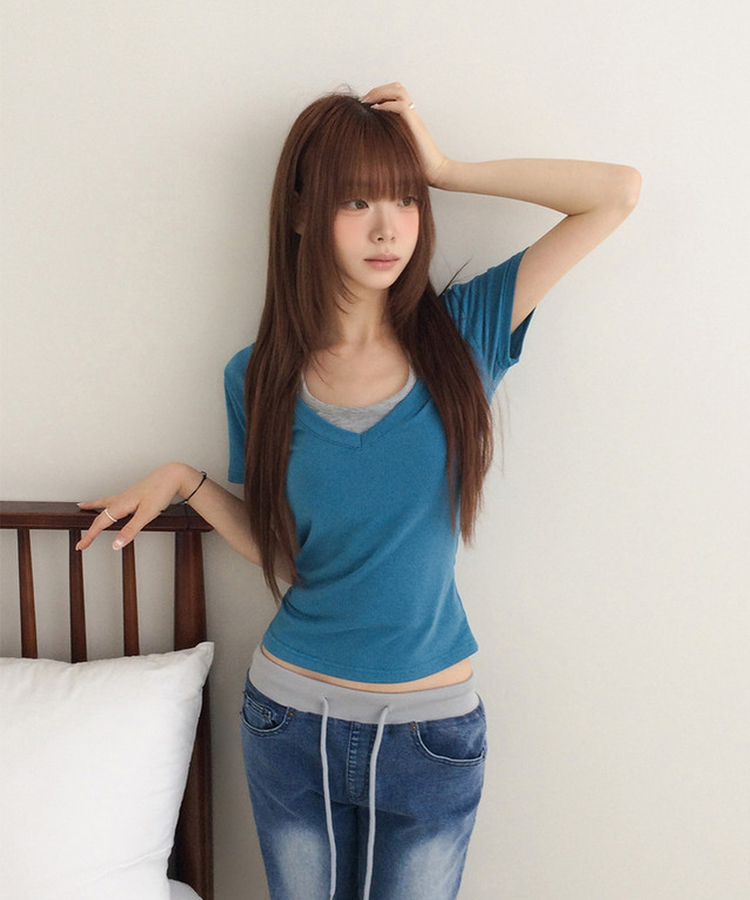 ホルターネックVネックレイヤードクロップ半袖Tシャツ AQUA BLUE