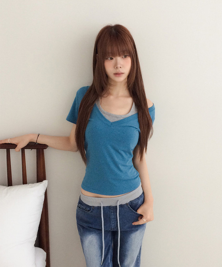 ホルターネックVネックレイヤードクロップ半袖Tシャツ AQUA BLUE