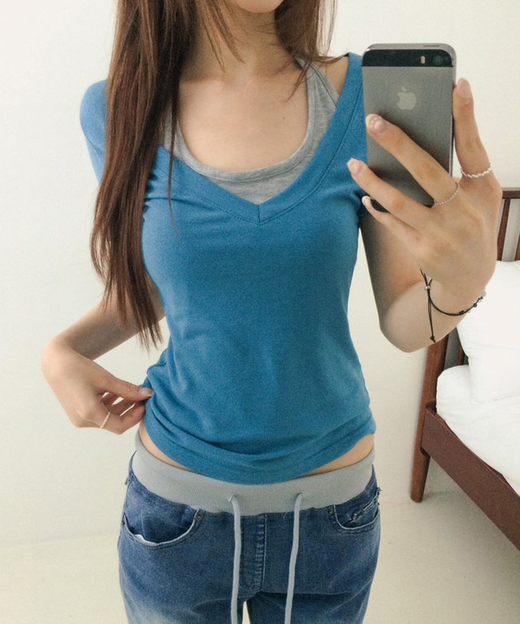 ホルターネックVネックレイヤードクロップ半袖Tシャツ AQUA BLUE