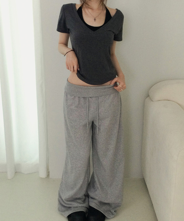 ホルターネックVネックレイヤードクロップ半袖Tシャツ CHARCOAL