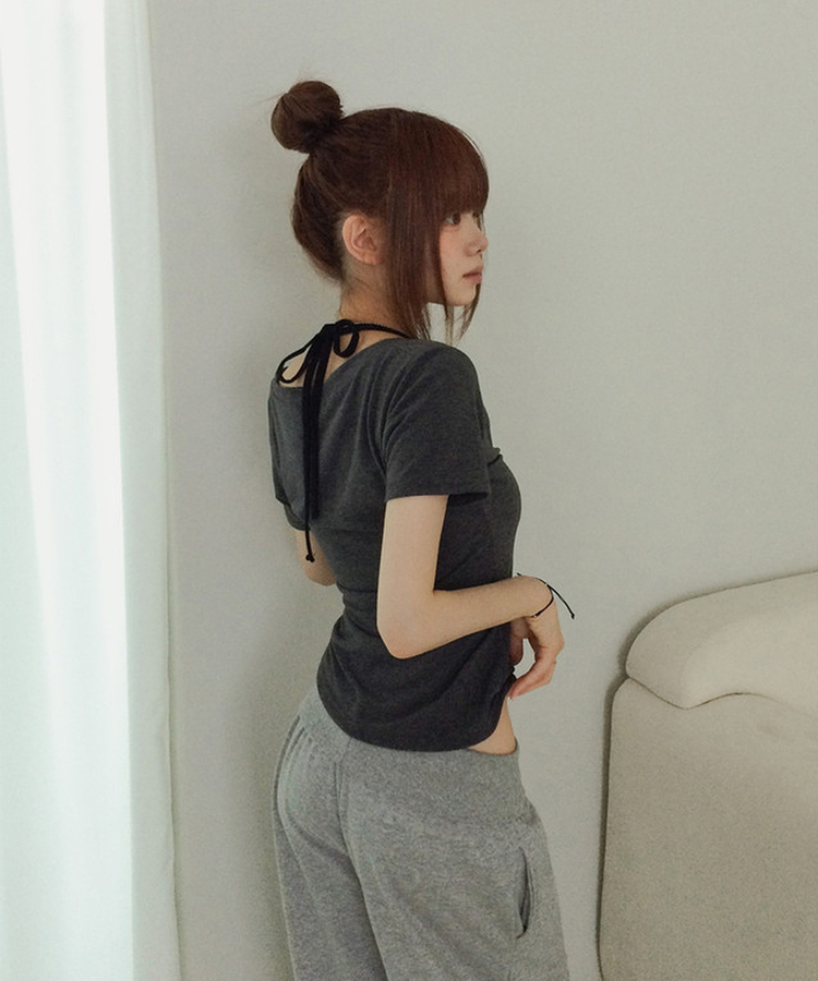 ホルターネックVネックレイヤードクロップ半袖Tシャツ CHARCOAL