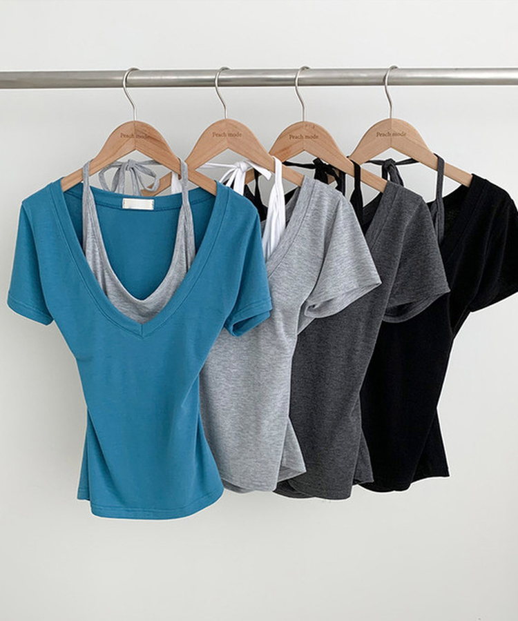 ホルターネックVネックレイヤードクロップ半袖Tシャツ
