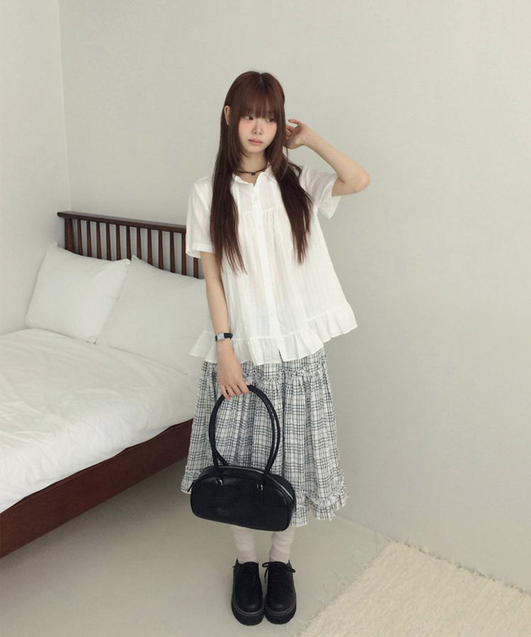 フリルカラーボタン半袖ブラウス WHITE