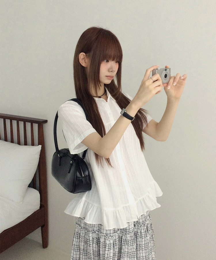 フリルカラーボタン半袖ブラウス WHITE