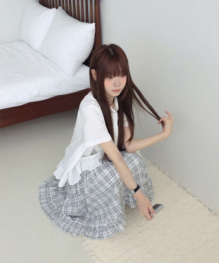 フリルカラーボタン半袖ブラウス WHITE