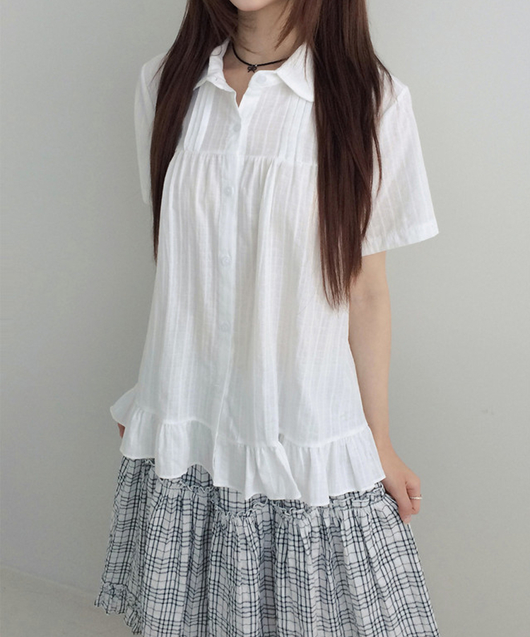 フリルカラーボタン半袖ブラウス WHITE