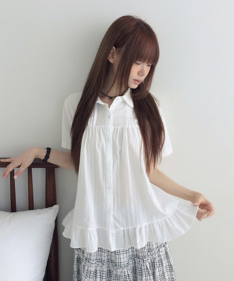フリルカラーボタン半袖ブラウス WHITE