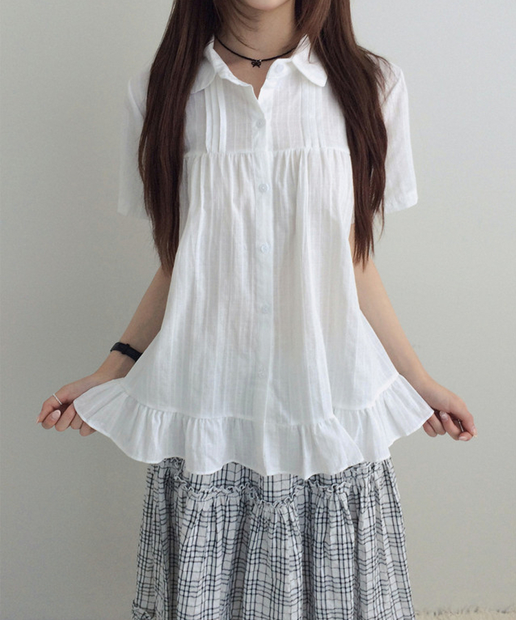 フリルカラーボタン半袖ブラウス WHITE