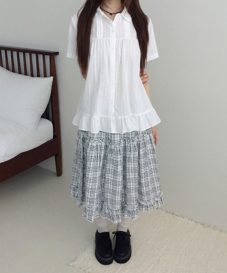 フリルカラーボタン半袖ブラウス WHITE