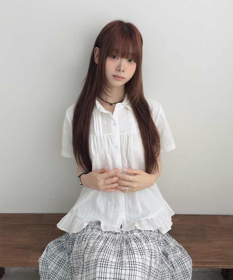 フリルカラーボタン半袖ブラウス WHITE