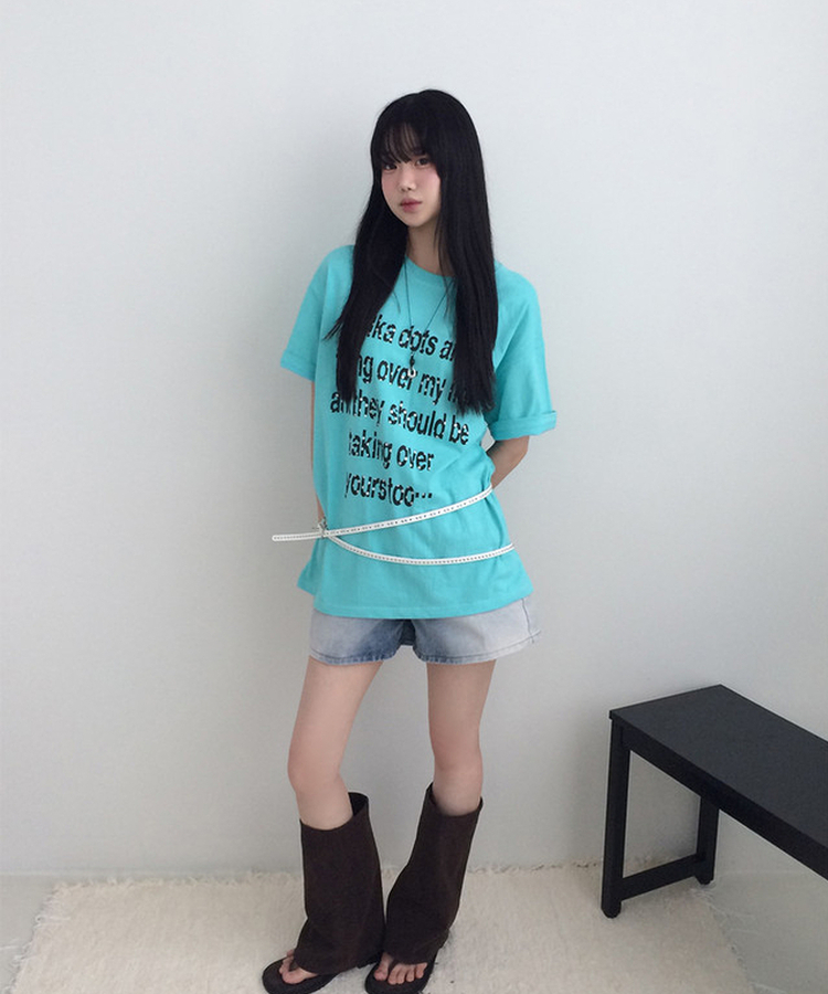 ドットレタリングUネックルーズ半袖Tシャツ MINT