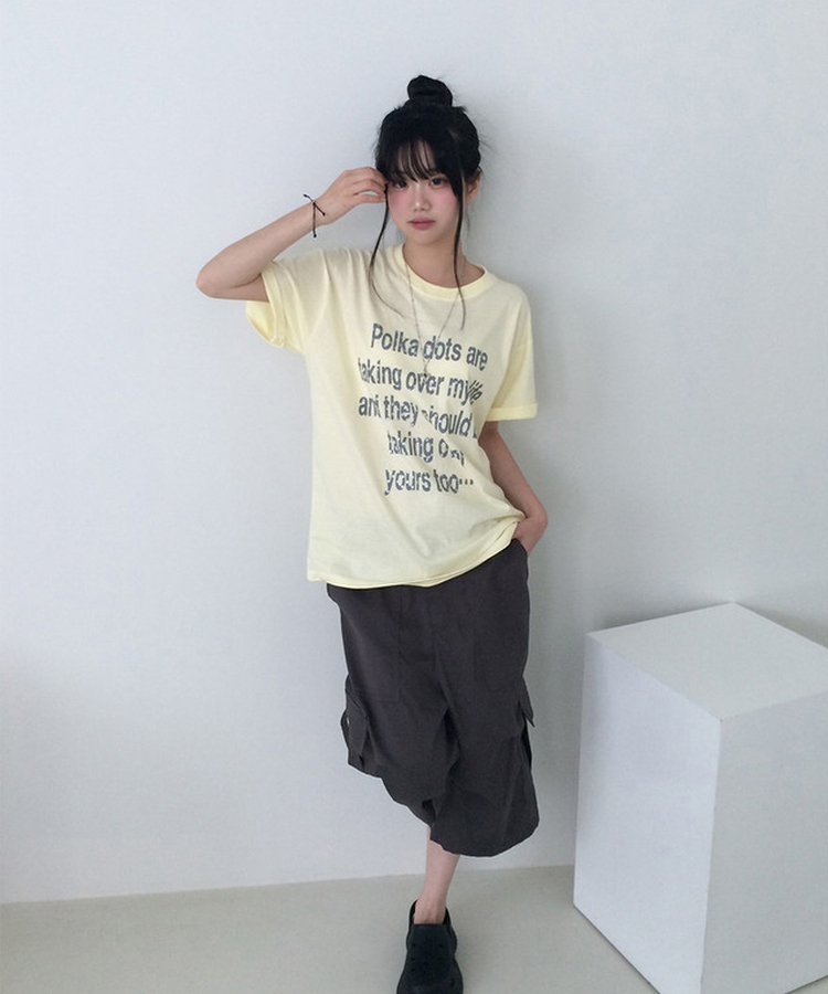 ドットレタリングUネックルーズ半袖Tシャツ YELLOW
