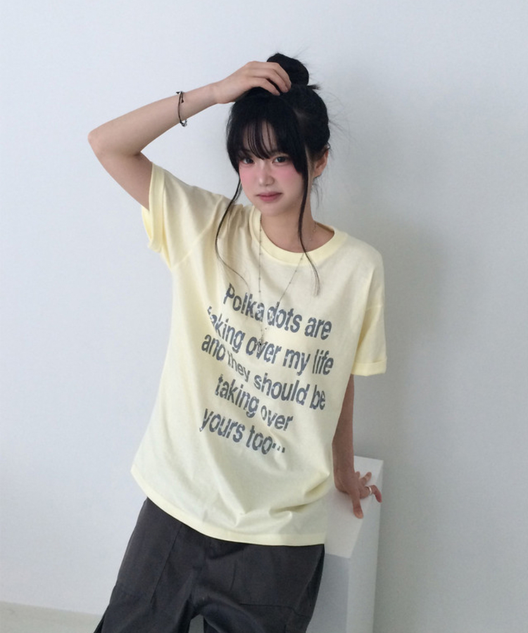 ドットレタリングUネックルーズ半袖Tシャツ YELLOW