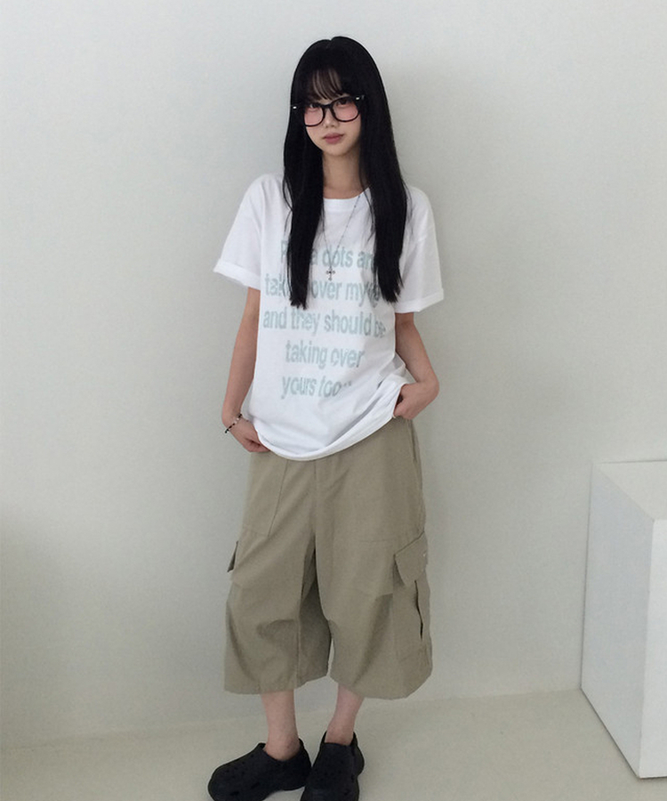ドットレタリングUネックルーズ半袖Tシャツ WHITE