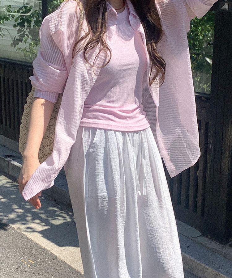 シアーストライプカラーネック長袖シャツ PINK
