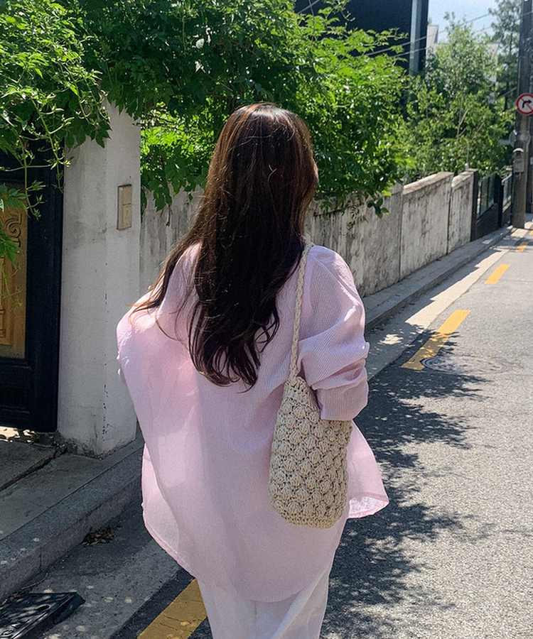 シアーストライプカラーネック長袖シャツ PINK