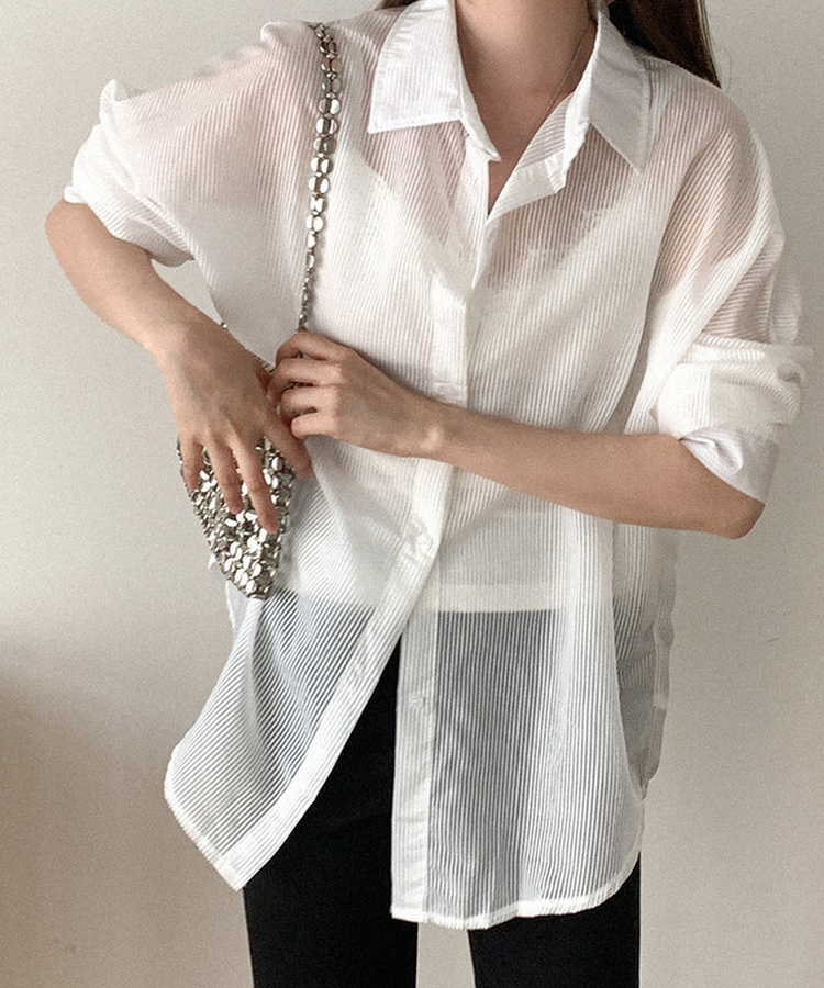 シアーストライプカラーネック長袖シャツ WHITE