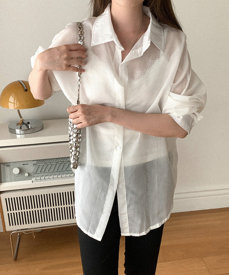 シアーストライプカラーネック長袖シャツ WHITE