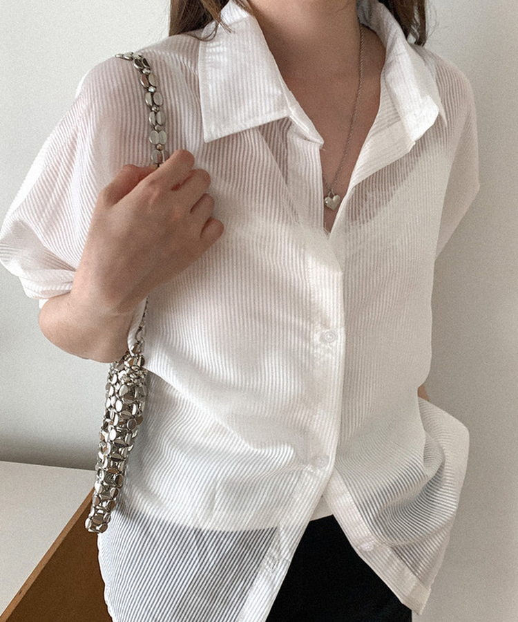 シアーストライプカラーネック長袖シャツ WHITE