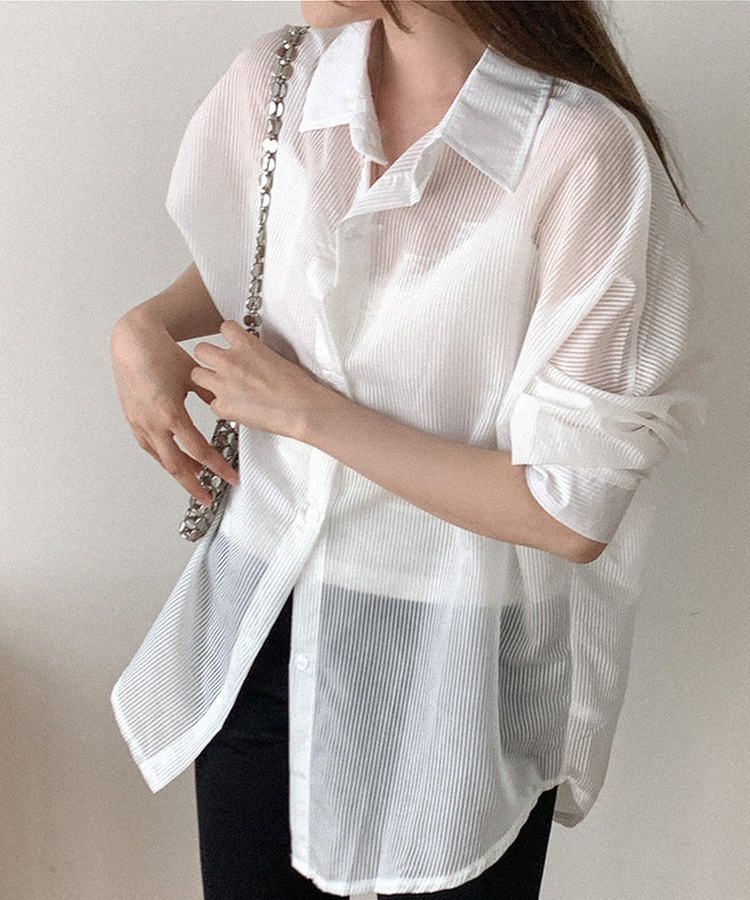 シアーストライプカラーネック長袖シャツ WHITE