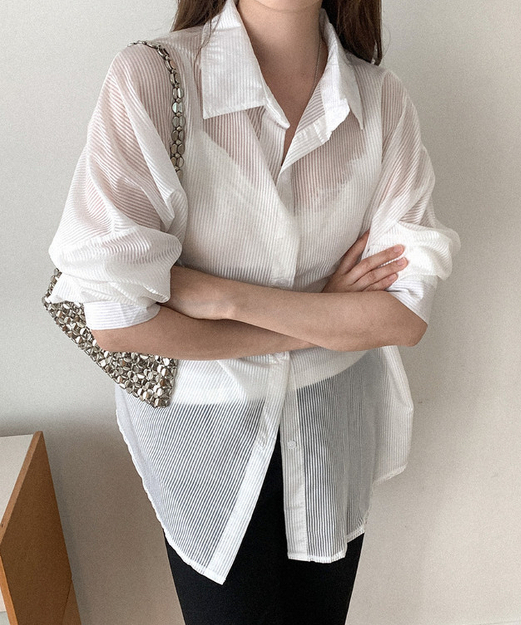 シアーストライプカラーネック長袖シャツ WHITE