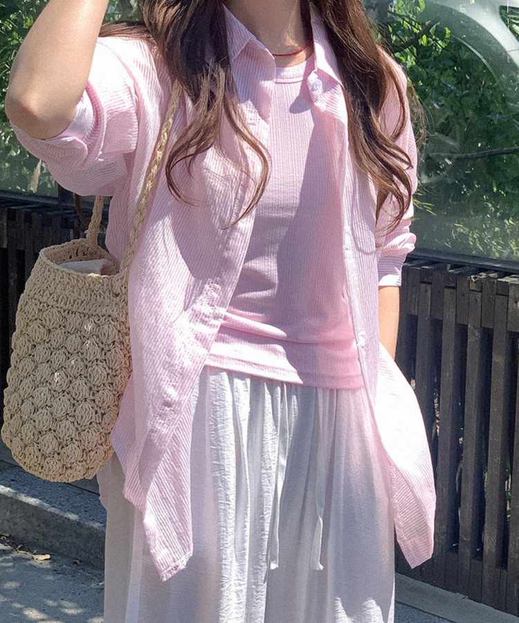 シアーストライプカラーネック長袖シャツ PINK