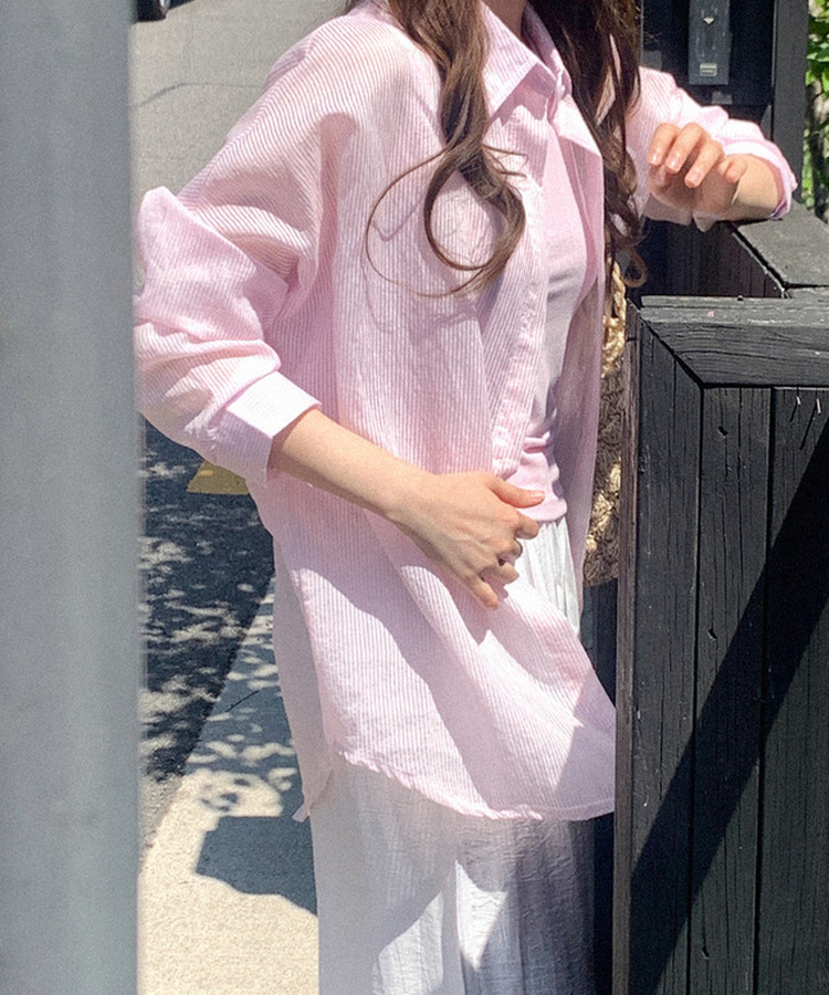 シアーストライプカラーネック長袖シャツ PINK