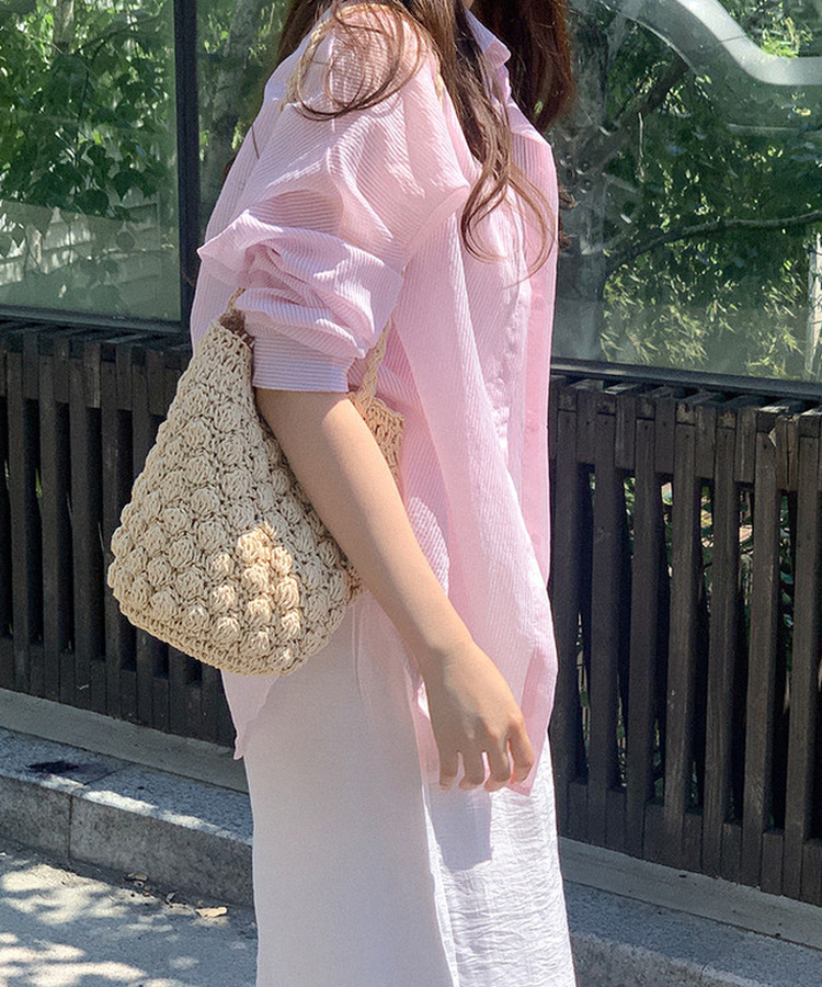 シアーストライプカラーネック長袖シャツ PINK