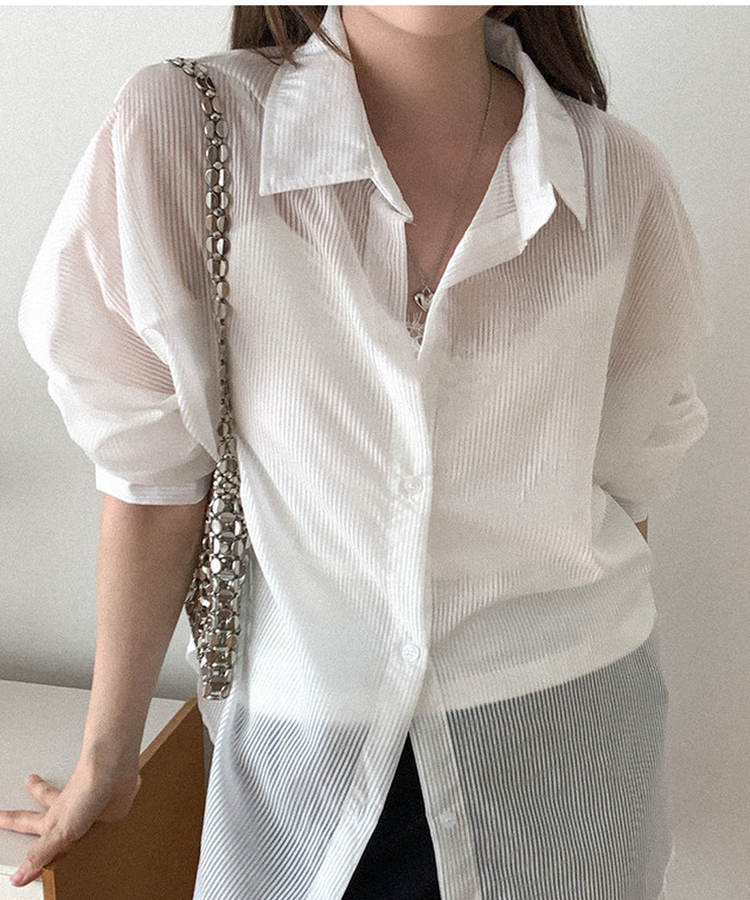 シアーストライプカラーネック長袖シャツ WHITE