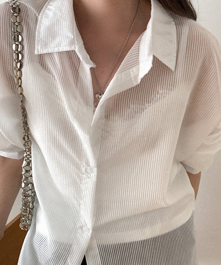 シアーストライプカラーネック長袖シャツ WHITE