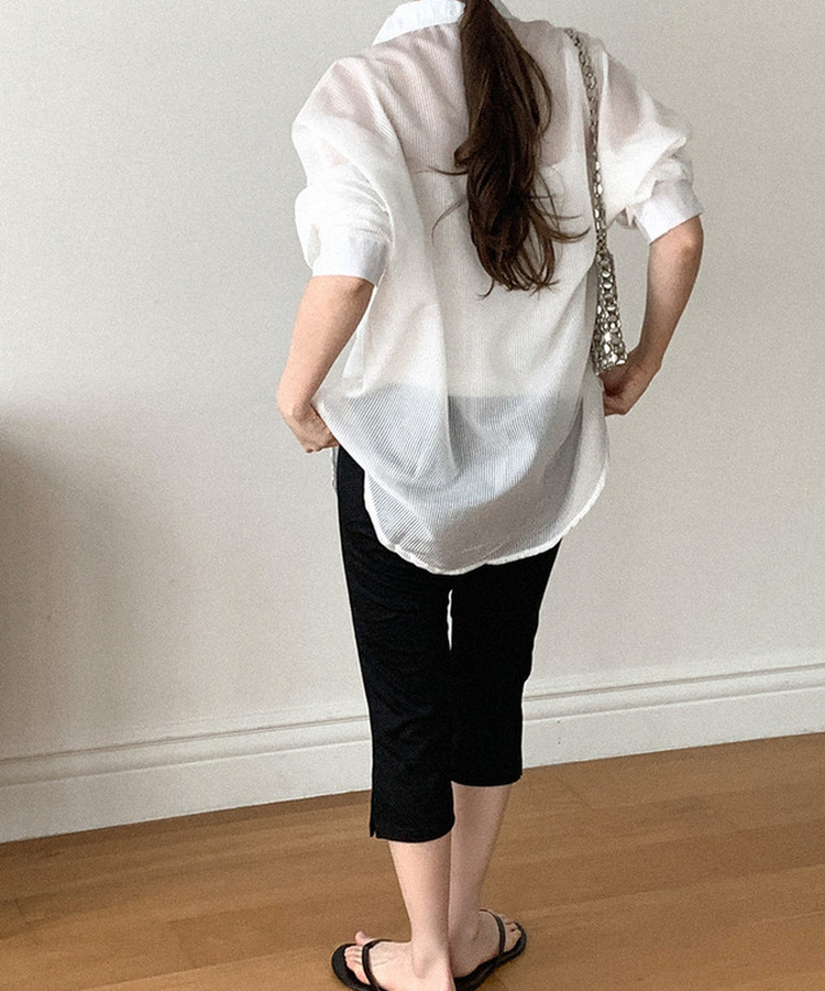 シアーストライプカラーネック長袖シャツ WHITE
