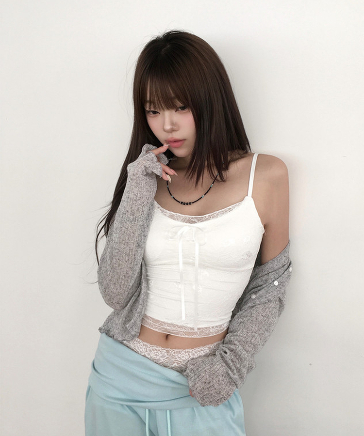 【カップ付き】リボンレースクロップドキャミソール WHITE