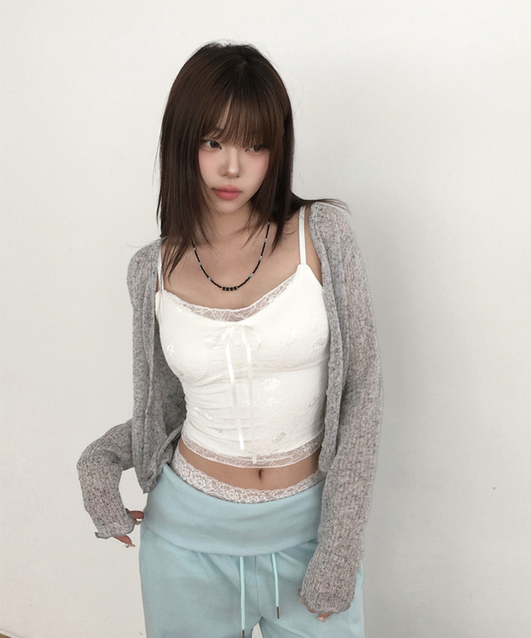 【カップ付き】リボンレースクロップドキャミソール WHITE