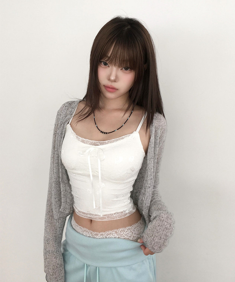 【カップ付き】リボンレースクロップドキャミソール WHITE