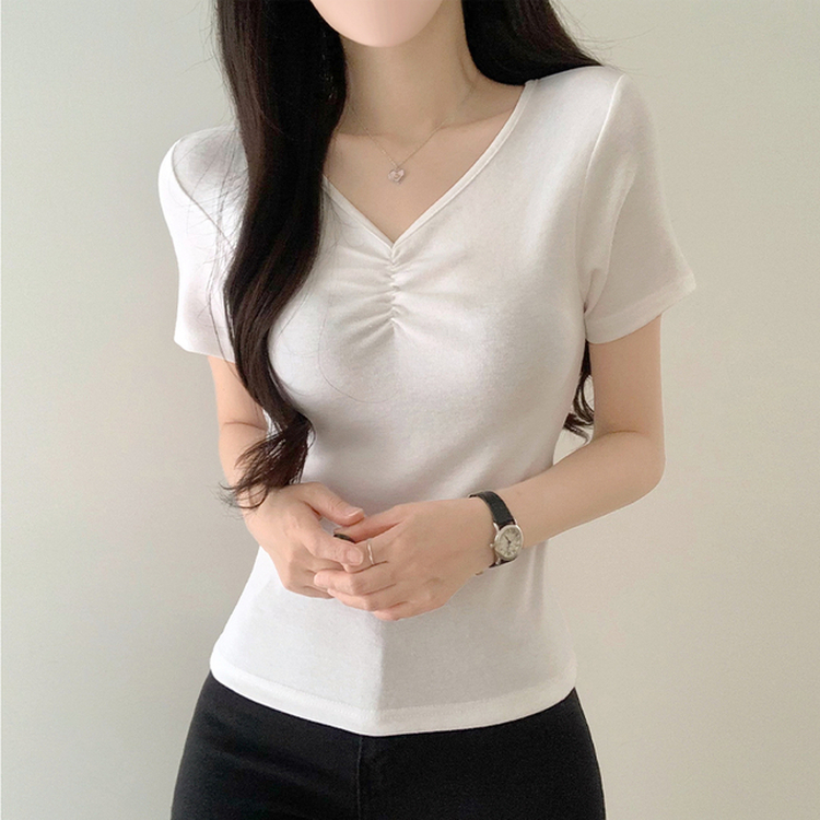 シャーリングVネック半袖Tシャツ IVORY