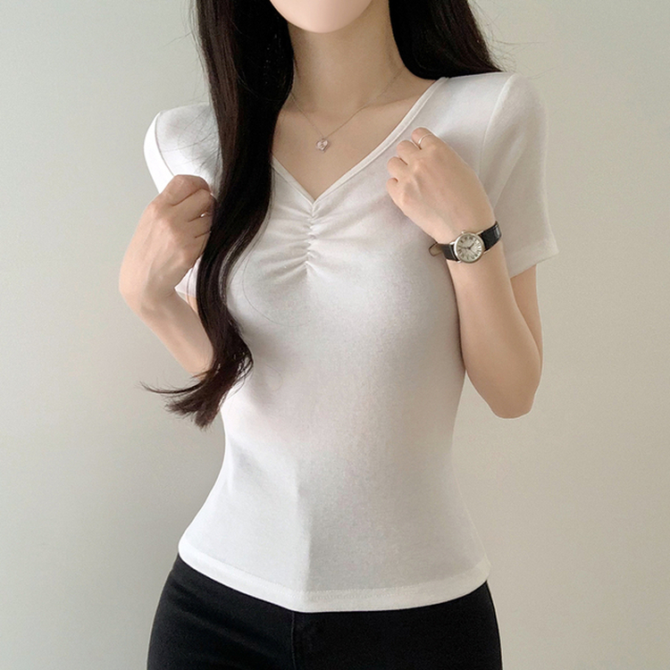 シャーリングVネック半袖Tシャツ IVORY