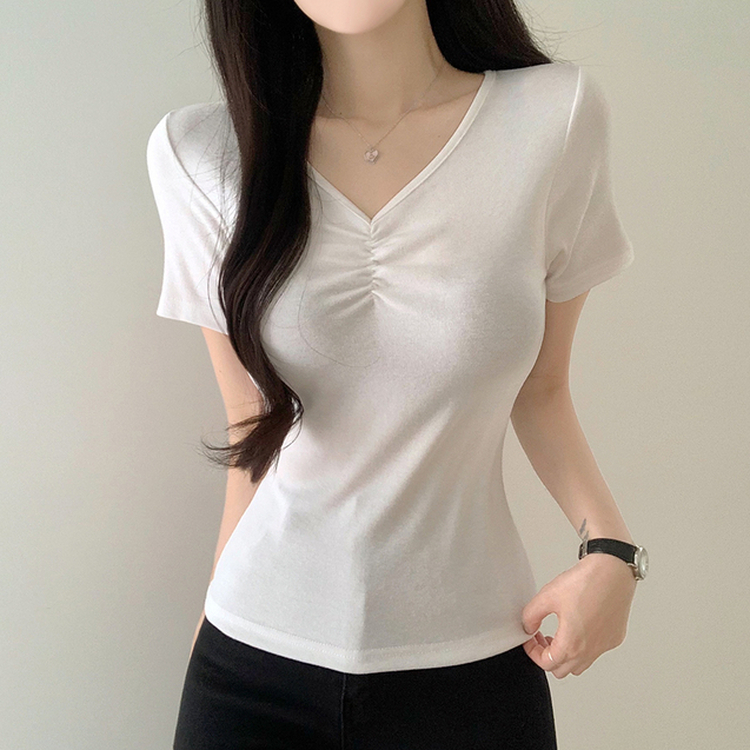 シャーリングVネック半袖Tシャツ IVORY