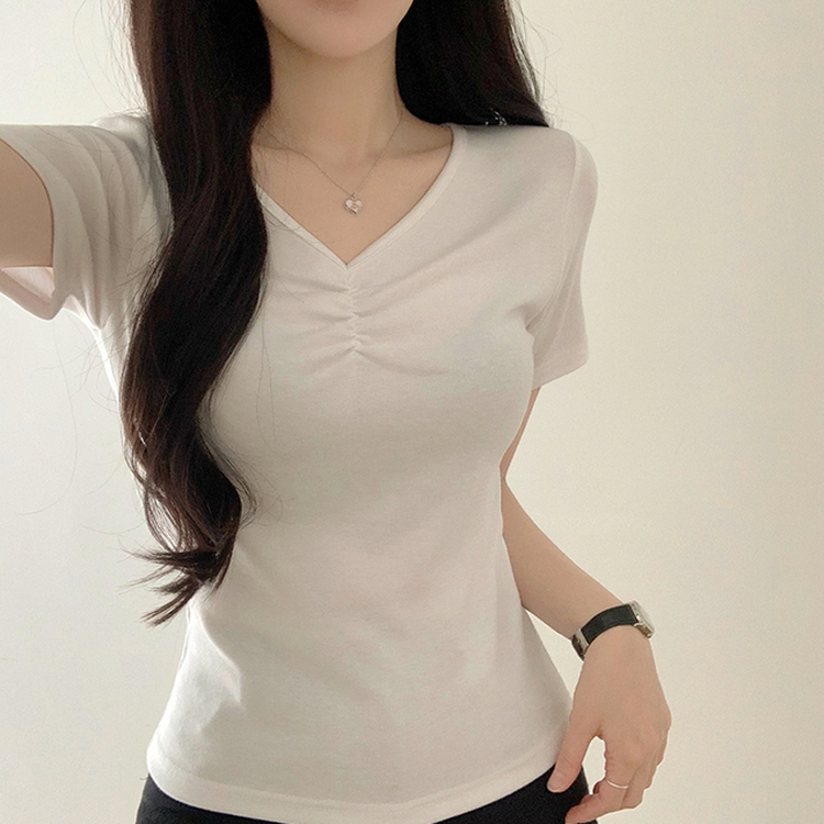 シャーリングVネック半袖Tシャツ IVORY