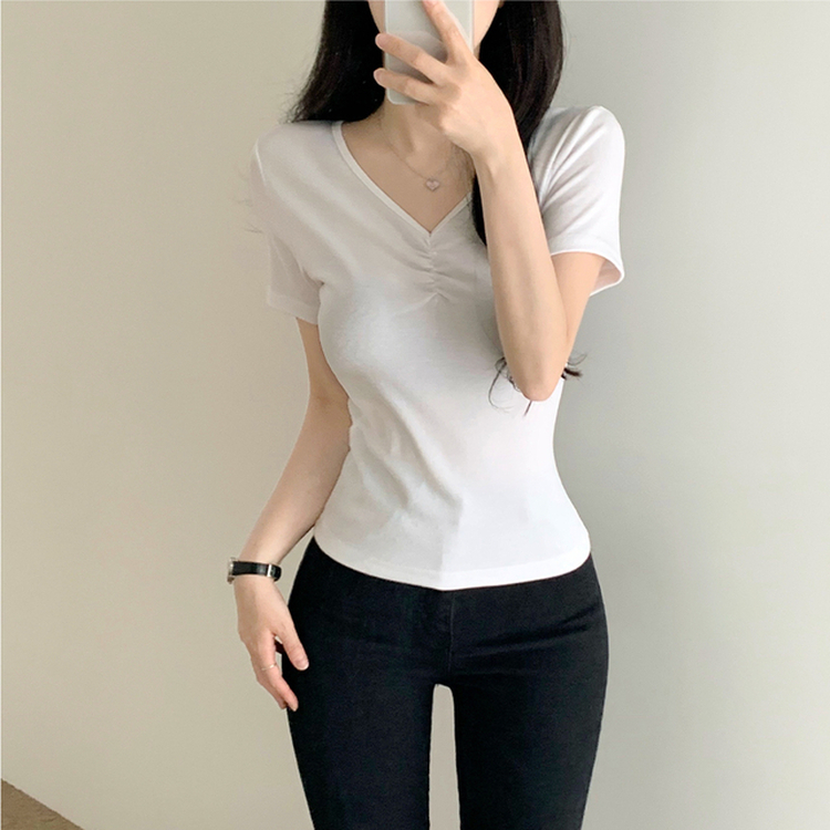 シャーリングVネック半袖Tシャツ IVORY