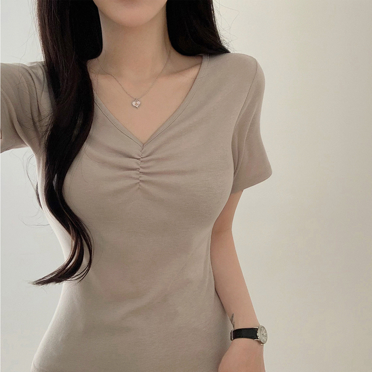 シャーリングVネック半袖Tシャツ BEIGE