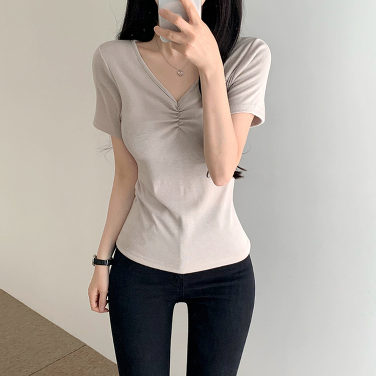 シャーリングVネック半袖Tシャツ BEIGE
