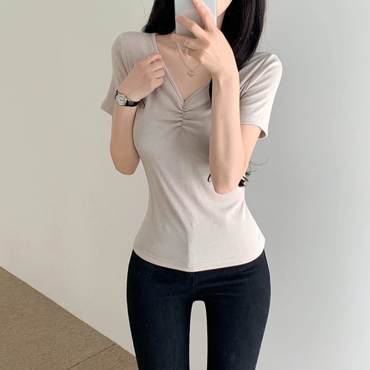 シャーリングVネック半袖Tシャツ BEIGE