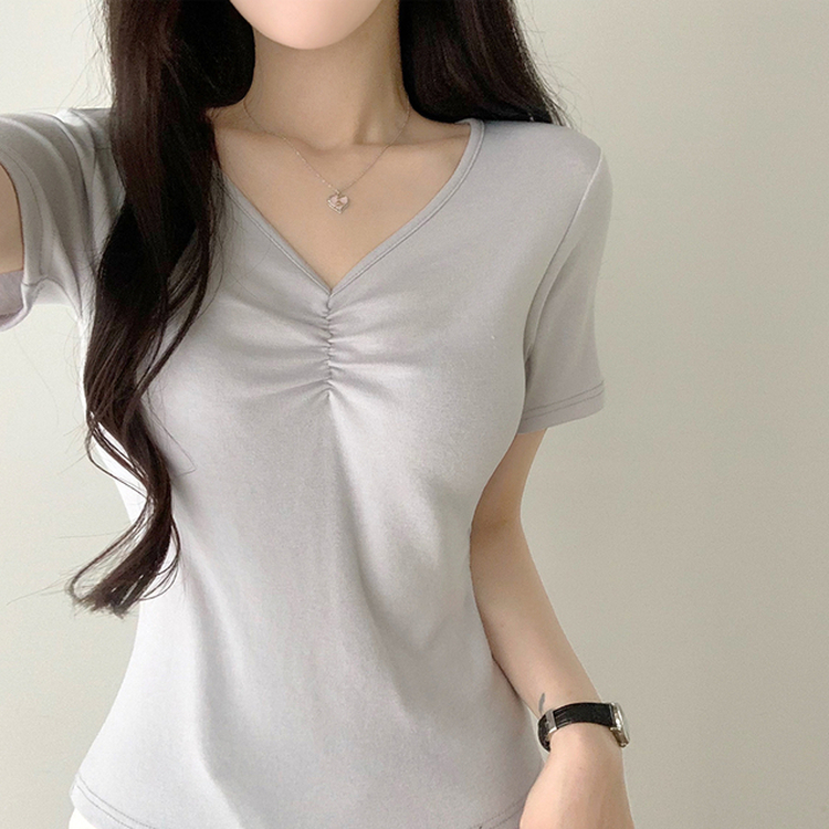 シャーリングVネック半袖Tシャツ SKY BLUE