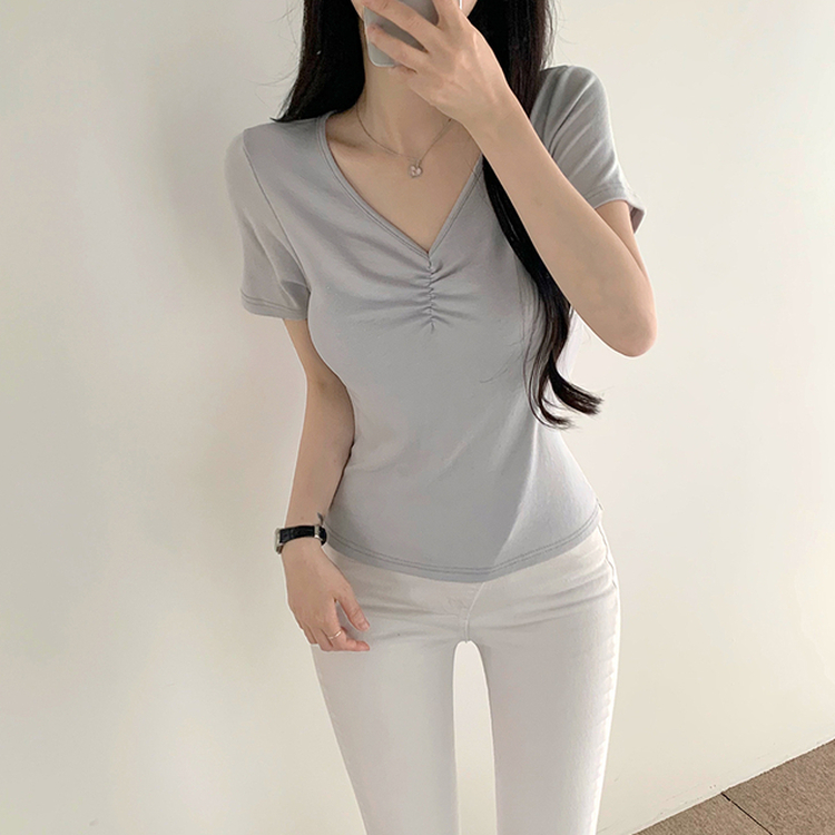シャーリングVネック半袖Tシャツ SKY BLUE