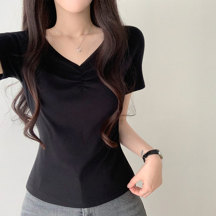 シャーリングVネック半袖Tシャツ BLACK
