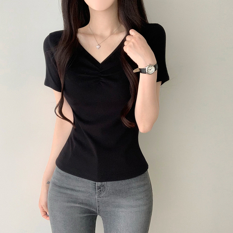 シャーリングVネック半袖Tシャツ BLACK