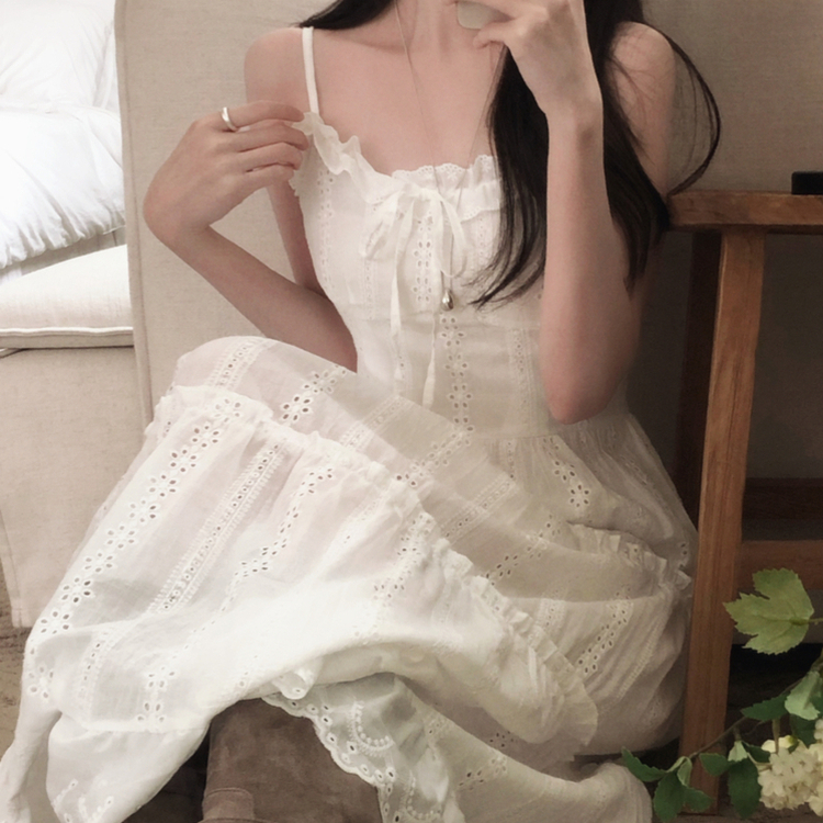 パンチングレースキャミソールロングワンピース WHITE