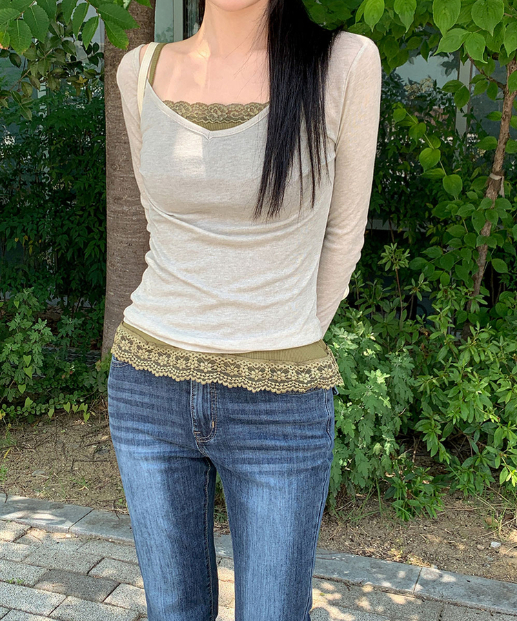 レースレイヤードキャミソール(7color) KHAKI