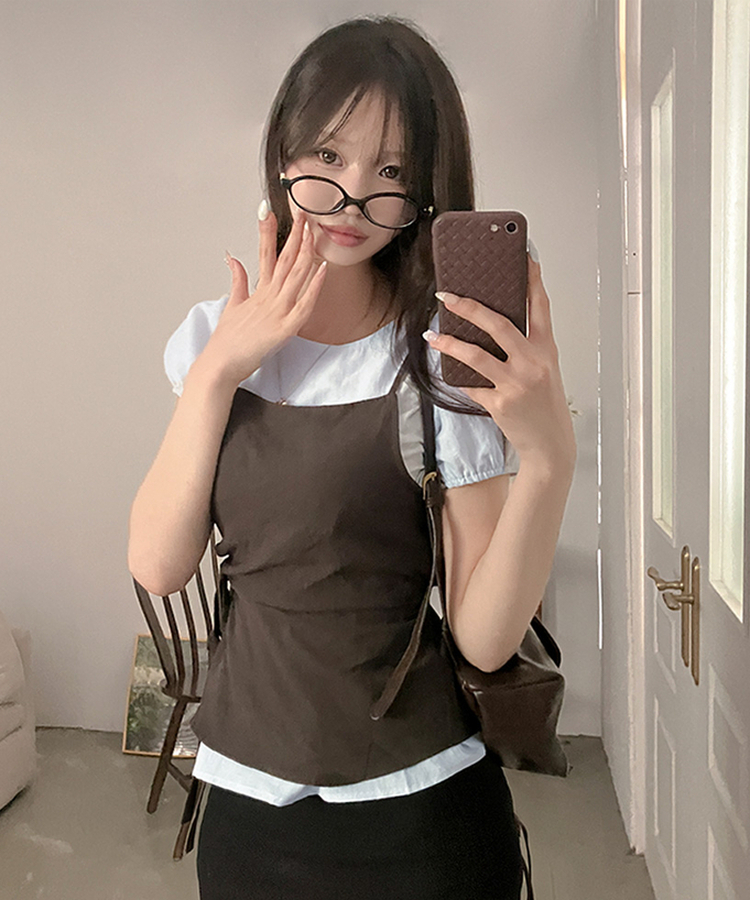 프레첼 반팔 블라우스 뷔스티에 투피스 세트 블루